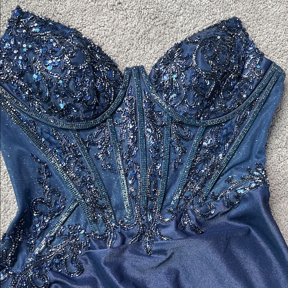 Ladivine Cinderella size 6 Navy strapless sequins mesh corset prom dress CM369 - Picture 9 of 15